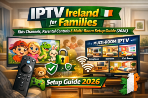 IPTV Ireland family streaming showing kids channels and parental controls on Smart TV 2026