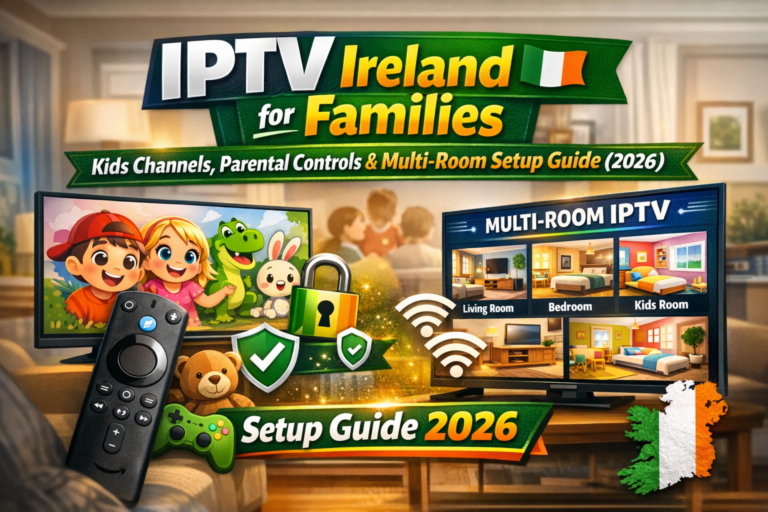 IPTV Ireland family streaming showing kids channels and parental controls on Smart TV 2026