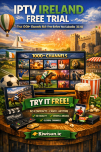 IPTV Ireland free trial showing channel preview and streaming test on Smart TV 2026