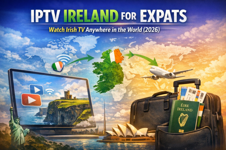 IPTV Ireland for expats showing Irish channels streaming abroad on laptop and TV 2026