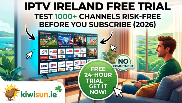 IPTV Ireland free trial showing channel preview and streaming test on Smart TV 2026
