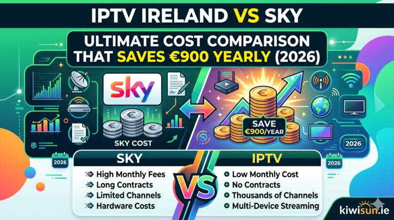 IPTV Ireland vs Sky comparison showing price difference and channel counts 2026