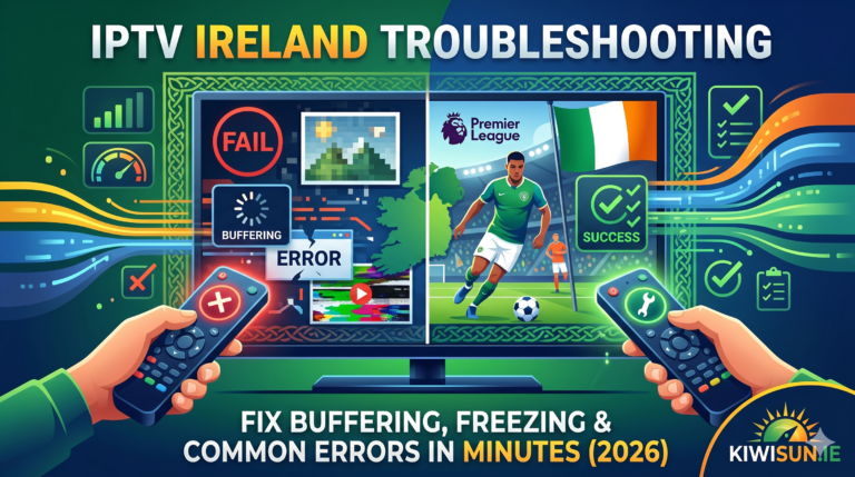 IPTV Ireland troubleshooting guide showing how to fix buffering and streaming errors 2026