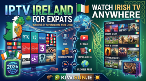 IPTV Ireland for expats showing Irish channels streaming abroad on laptop and TV 2026